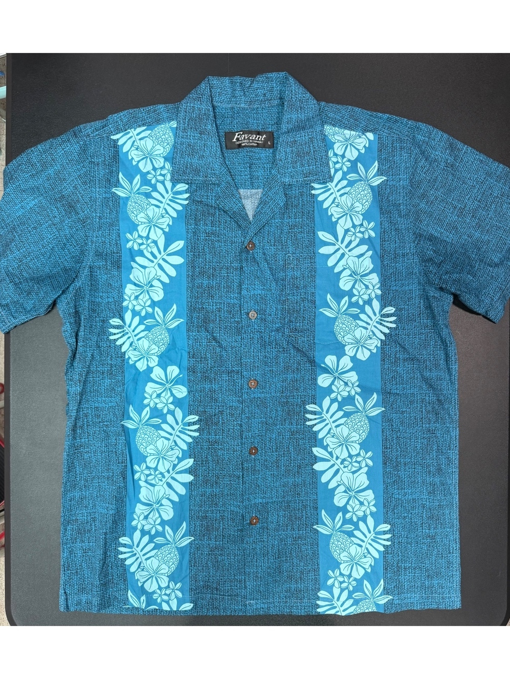 Men's Favant Hawaiian Camp Shirt Large Blue Tropical Floral Pineapple 100%Cotton